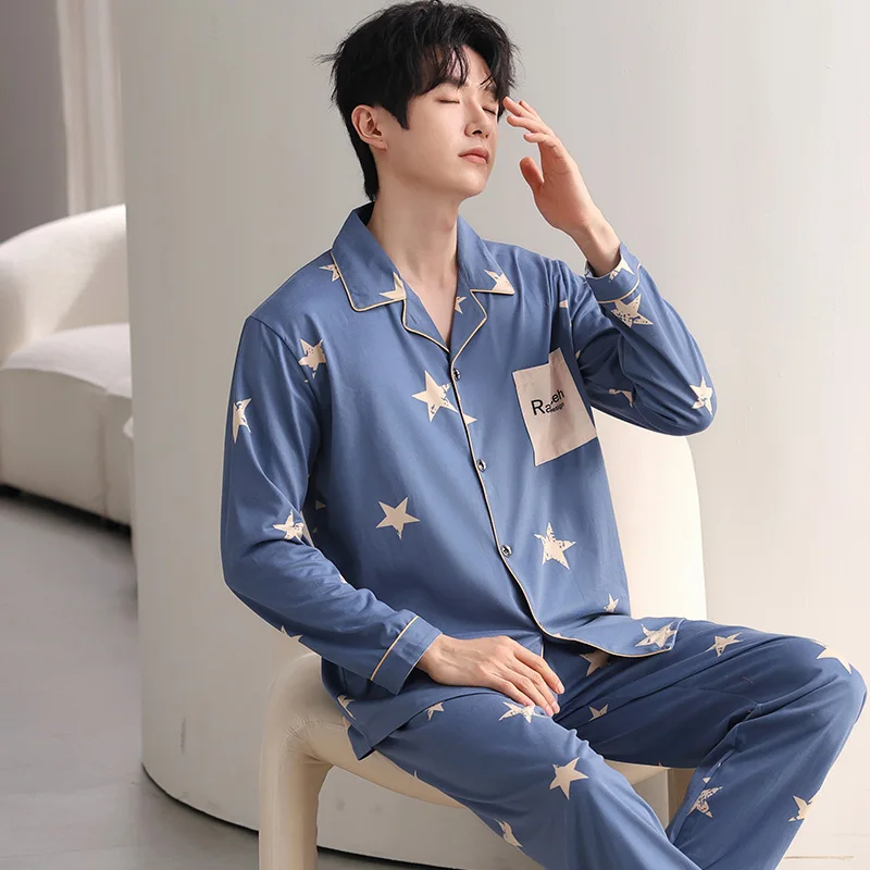 Newest Men Pajamas Set Spring and Autumn 100% Cotton Long Sleeve Sleepwear Male Turn-down Collar Pijama