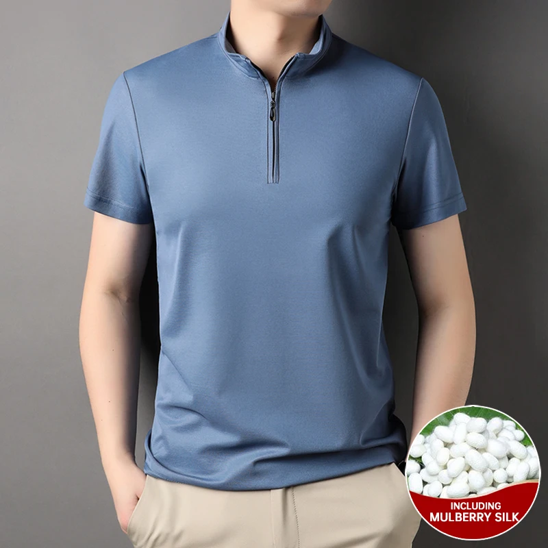 Camisa polo de seda amoreira masculina, tops casuais de manga curta, roupas lisas luxuosas com zíper, seda de alto nível 4,7%, verão, nova marca