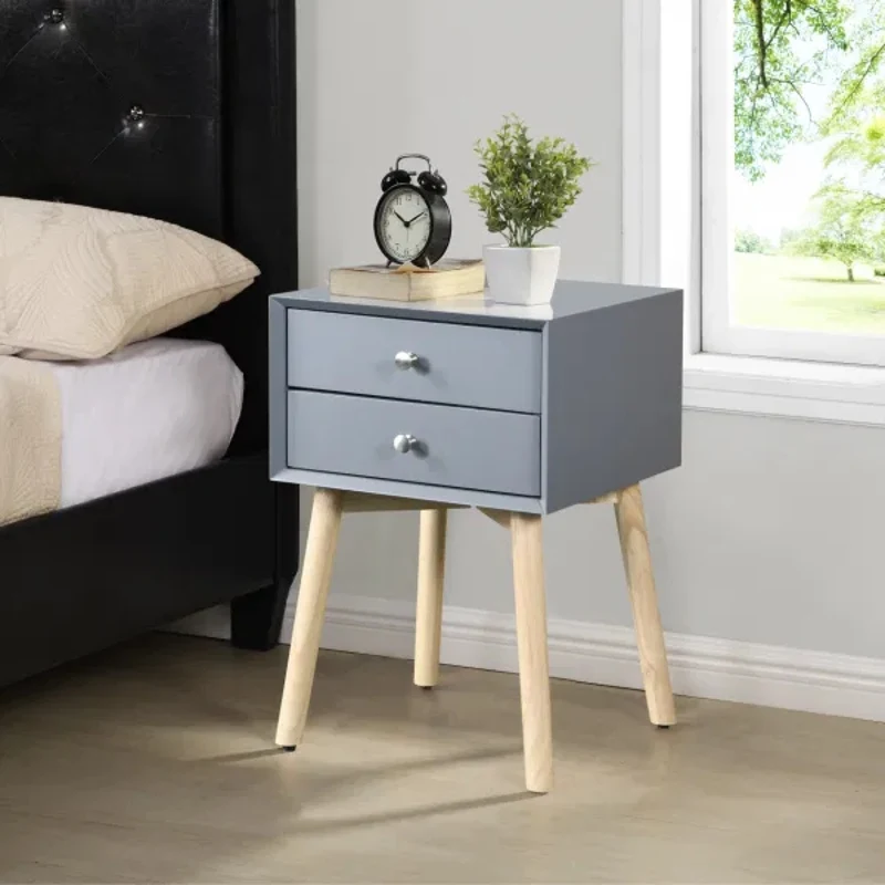 

Side Table with 2 Drawer and Rubber Wood Legs; Mid-Century Modern Storage Cabinet for Bedroom Living Room Furniture; Gray