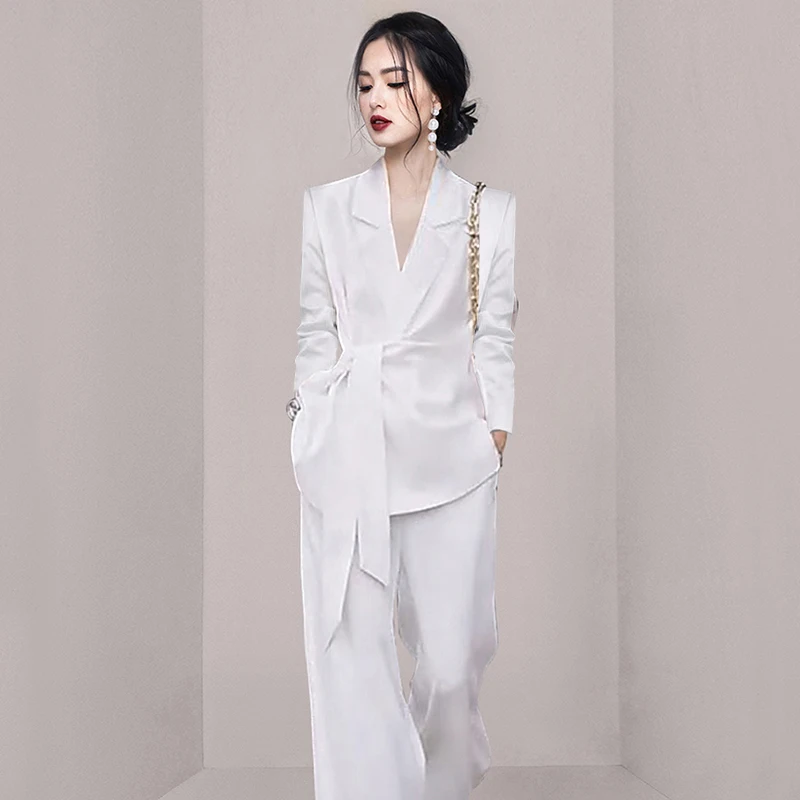 

White Suit Jacket Wide Leg Pants Two Piece Set Commute Fashionable Professional Early Autumn Women's Clothing Set 2023