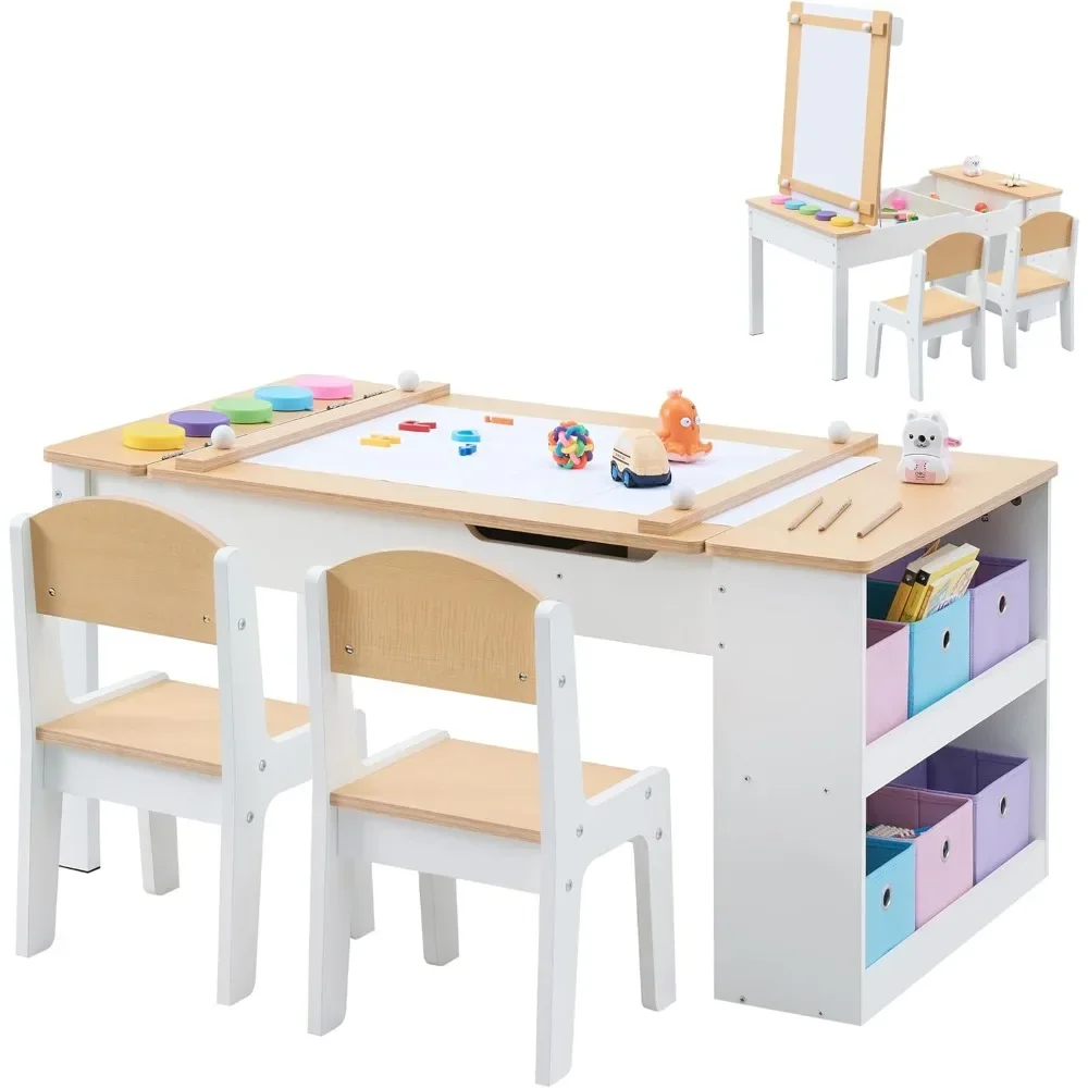 3 in 1 Kids Art Table & Easel Set with 2 Chairs, Wooden Children Activity Table and Chair Set with 6 Storage Bins, Paper Roller