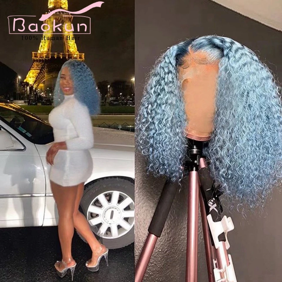 13X4 Wig Depan Renda Keriting Ikal Biru Bayi Rambut Manusia 13X6 Wig Depan Renda HD Pra Pencabutan Wig Rambut Manusia Keriting Remy untuk Wanita