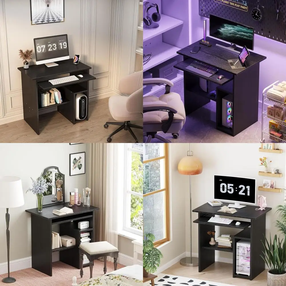 

Compact Black Home Office Desk with Storage, Drawers, and Keyboard Tray for Laptops and Gaming in Small Spaces