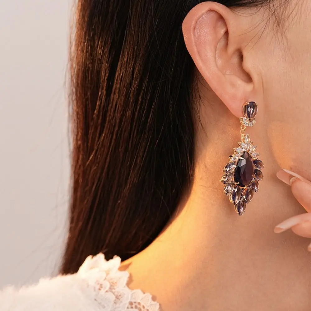 

Light Luxury Rhinestone Drop Earrings Purple Zircon Charm Vintage Crystal Earrings Exaggerated Accessories Ear Jewelry Gift