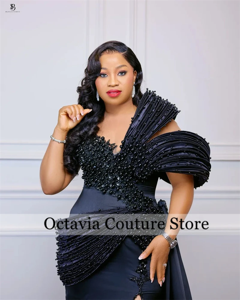 Aso Ebi Black Ruched Evening Dresses Bead Crystal Luxury Dress Birthday Off Shoulder Black Girls Split Prom Dresses Customized