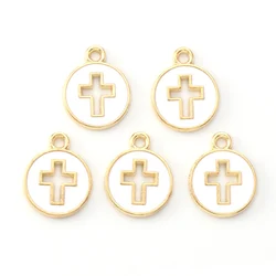 10pcs Light Gold Plated Alloy Enamel Pendants Flated Round with Cross White 15x12x1.5mm Hole: 1.6mm