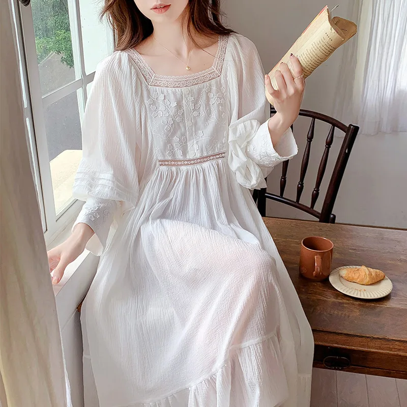 Fairy White Long Night Dress Spring Autumn Robe Cotton Nightdress Princess Sleepwear Nightwear Vintage Square Collar Nightgown