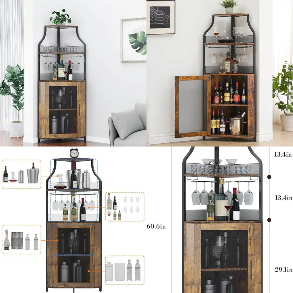 61 رف نبيذ طويل بني ريفي مع أرفف قابلة للتعديل وباب شبكي وحامل زجاجي للمطبخ والبار #1