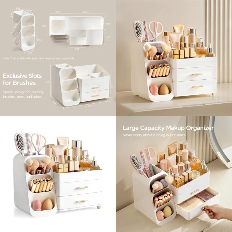 

Makeup Organizer with Brush Holder for Vanity, Large Plastic Bathroom Countertop Organizer Skin Care Storage, Easy to Store Lipsticks, Nail Polishes, Perfumes, Eyeshadow Palettes, All White