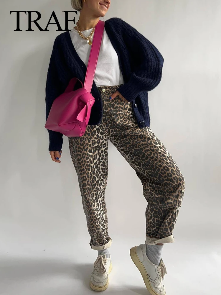 TRAF Spring Women Vintage Leopard Print Pants 2024 Female Button Pockets Chic Pants Zipper Long Streetwear Elegant Women Pants