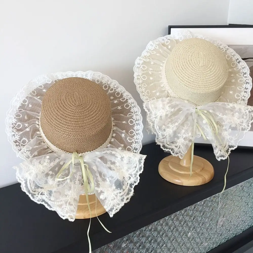

Bowknot Lace Bow Sun Hat Adjustable Breathable Straw Beach Hat Lace Ruffle Sun Visor Hats Outdoor Travel
