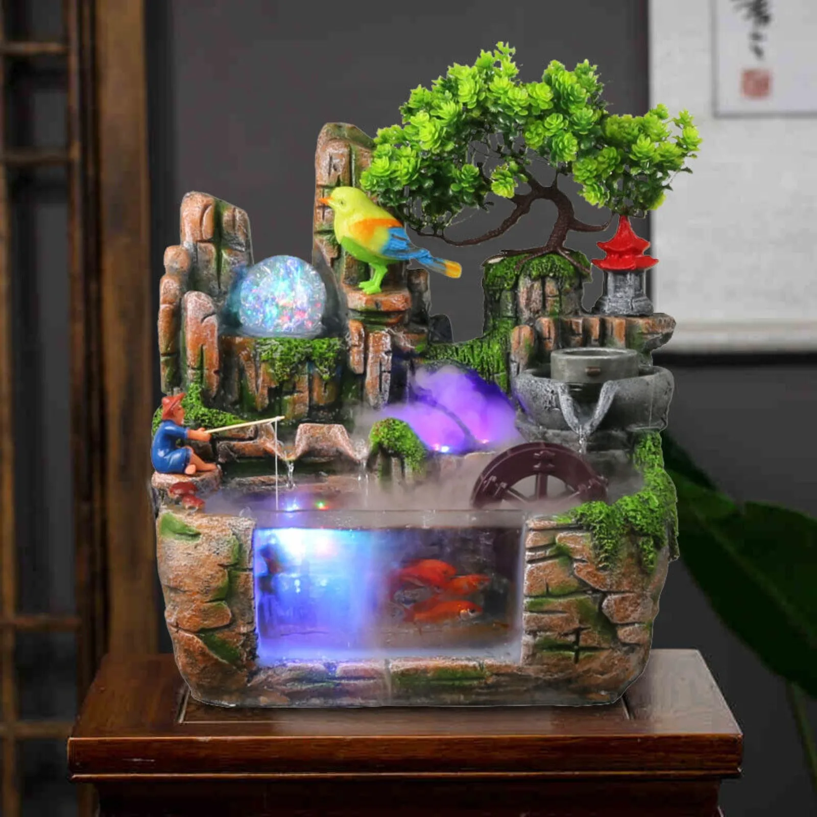 Bymaocar 110V Tabletop Simulated Rockery+bird+fisherman Model with Atomizer & LED Home Decor Crafts for Restaurants and Offices