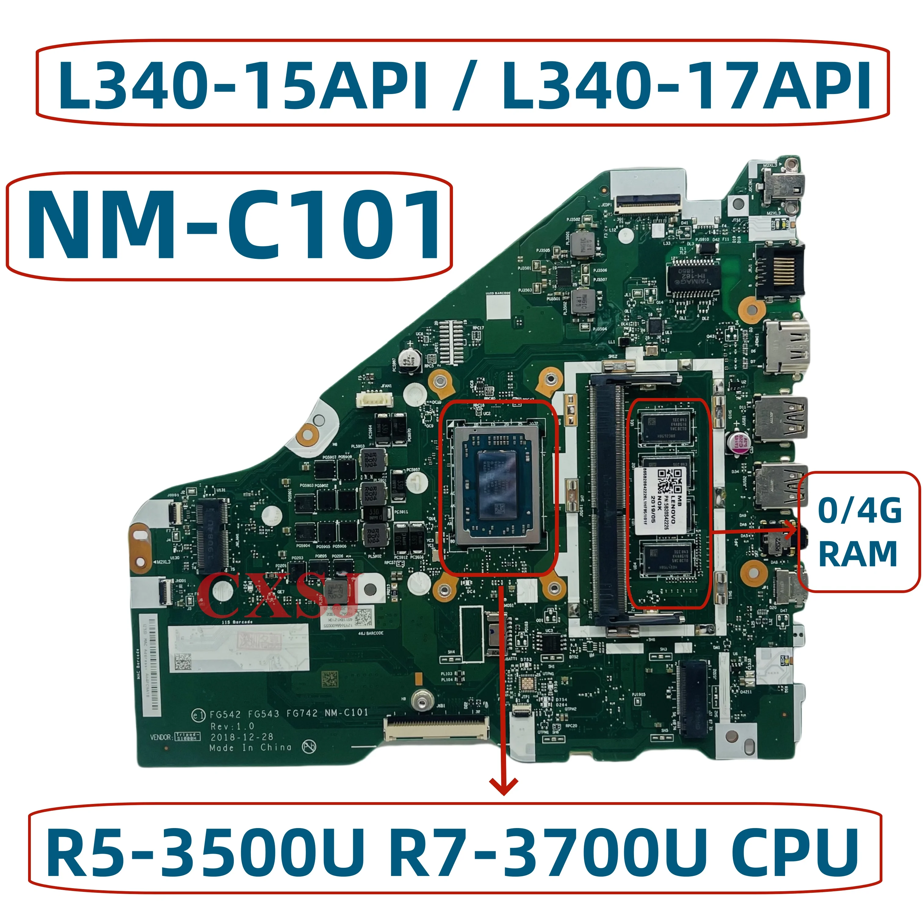 

FG542 FG543 FG742 NM-C101 For Lenovo L340-15API L340-17API V155-15API Laptop Motherboard With A300U Ryzen R3 R5 R7 CPU 4GB RAM