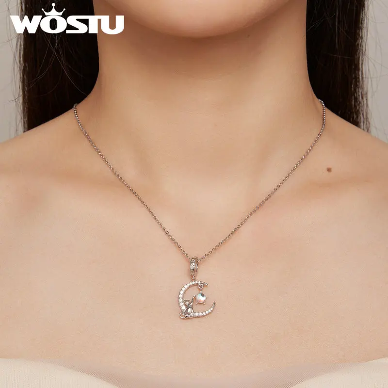 WOSTU 925 Sterling Silver uroczy kot zawieszka koraliki księżyc kamień księżycowy pasujące do oryginalna bransoletka naszyjnik biżuteria DIY prezent