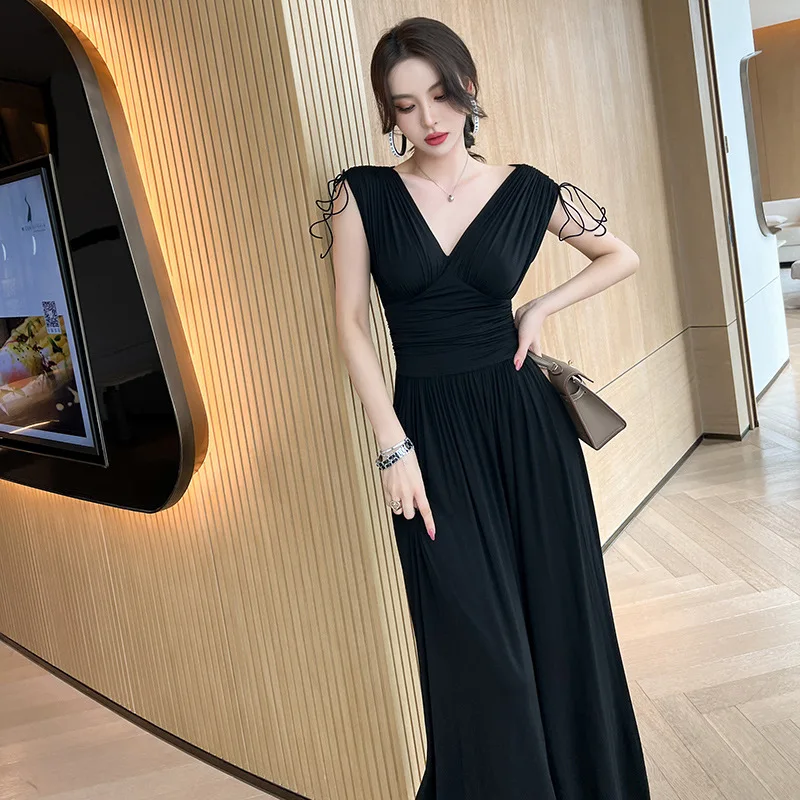 

Summer Sexy Party Dress 2023 Black Sleeveless V Neck Casual Long Dress High End Women Bodycon Wrap Midi Ladies Dresses Vestidos