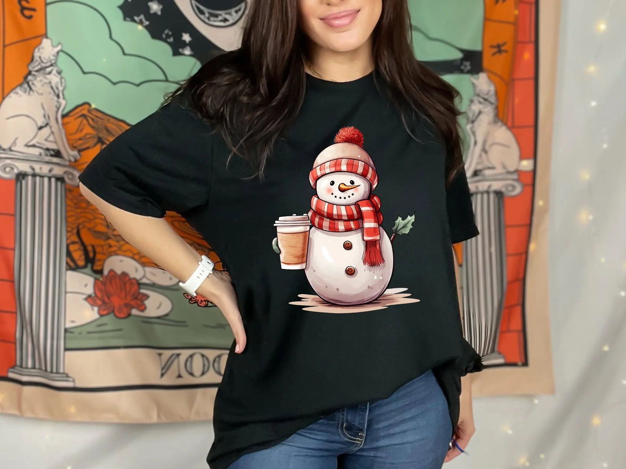 Christmas Snowman T Shirt with Coffee Cup Scarf Hat for DTG Print Holiday Unique GifT Idea