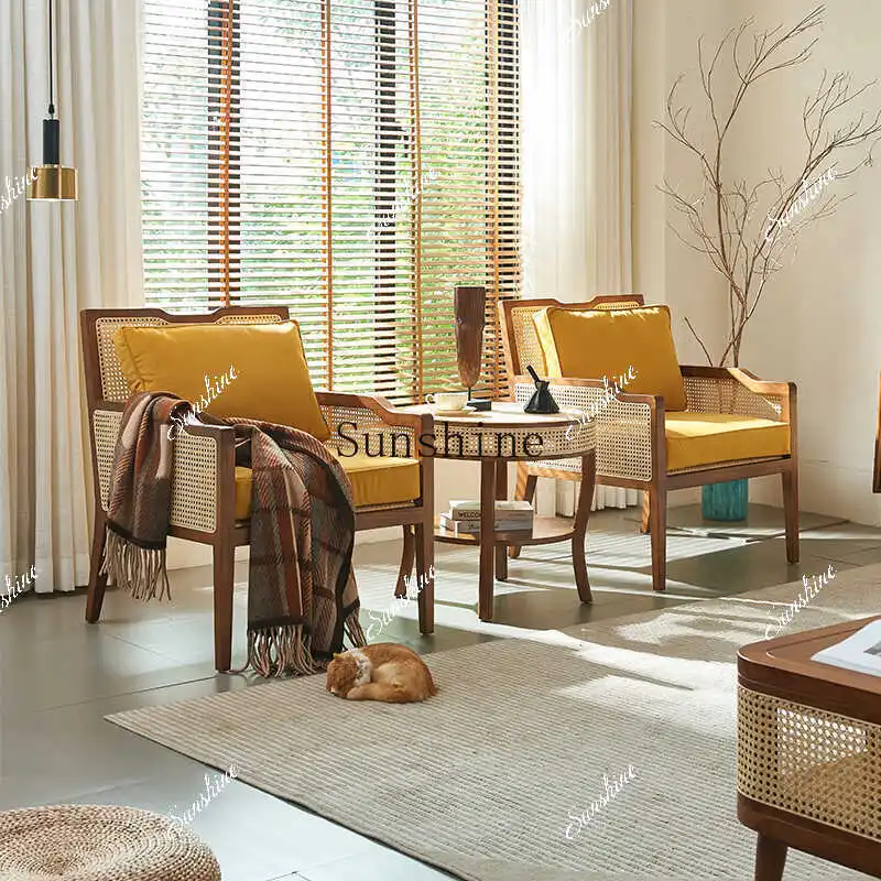 Balcony rattan table and chairs three-piece combination home living room leisure sofa retro wabi sabi single  FT