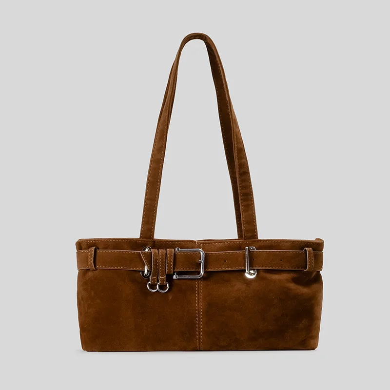 

Vintage Faux Suede Belts Deco Underarm Bag Designer Women Shoulder Bags 2025 Autumn and Winter New Lady Handbags