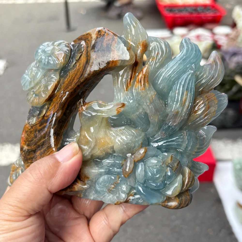 Natural Blue Onyx Crystal Raw Stone Reiki Healing Nine Tails Fox Moon Peony Gothic Hand Carved Decorative Gift for Home