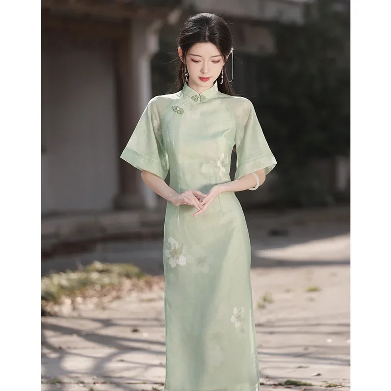 

2024, новое женское длинное Ципао, элегантное ретро шифоновое платье Cheongsam, классическое китайское женское платье с воротником-стойкой, сексуальное платье с разрезом, Vestidos