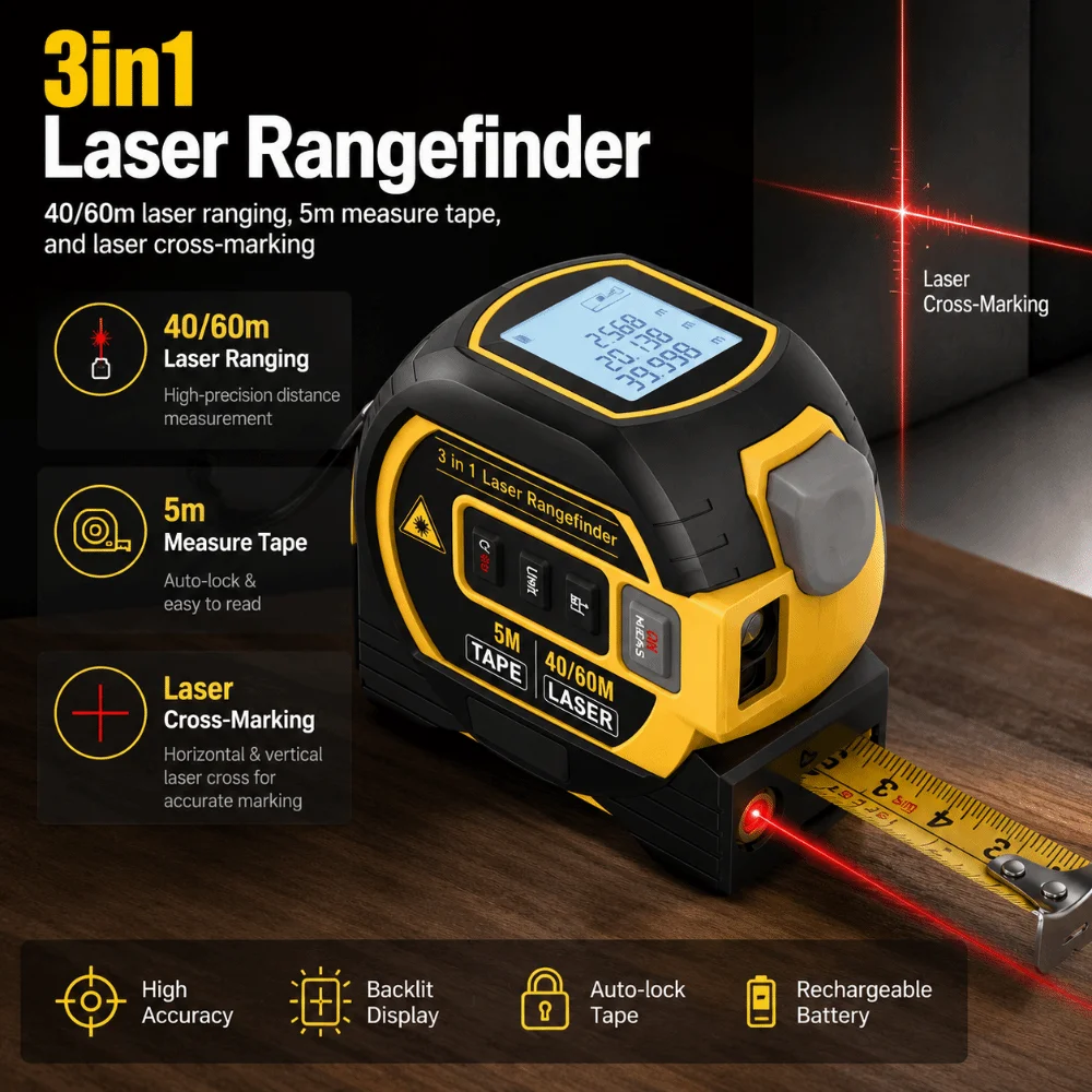 3 in 1 Laser Tape Measure High Precision LED Display Laser Rangefinder Multi Function 40/60m Laser Digital Tape Measure Tool