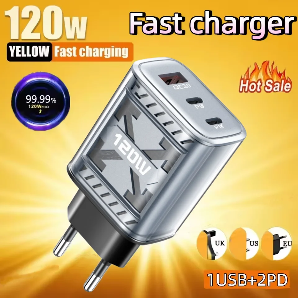 120W 3 Ports Quick Charging Phone Chargers USB A Type C Wall Charger Plug For iPhone Samsung Xiaomi Huawei Wall Charger Adapter