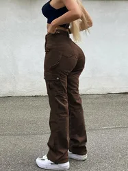 Straight Leg Cargo Pants Women High Waist Casual Baggy Pants Slim Vintage Streetwear Elastic Wide Leg Trousers Fashion Jeans