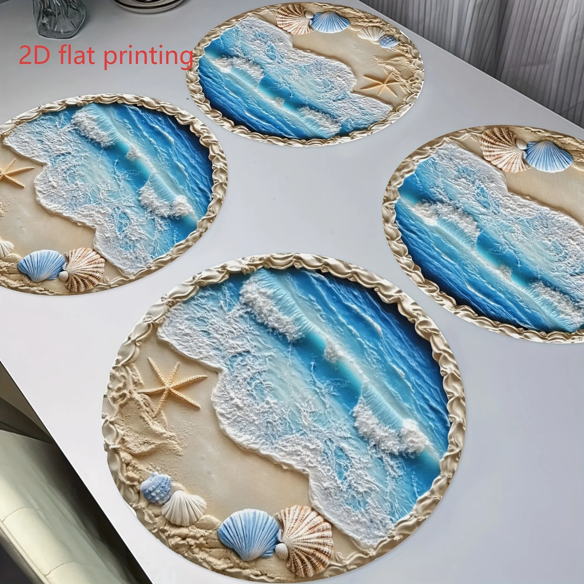 VIKAMA Seaside Resort Wave-Patterned Placemat Beach Shells Starfish Design Waterproof Oil-Resistant Home Dining Table Decor