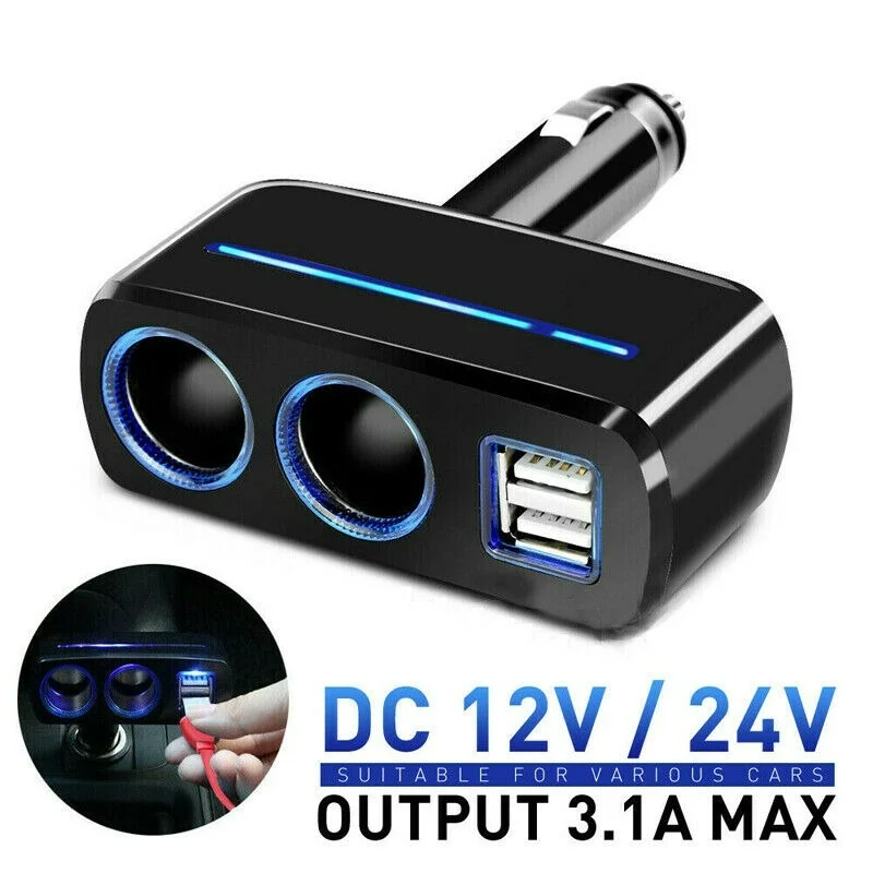 Carregador de carro isqueiro duplo adaptador de energia soquete divisor plugue duplo telefone inteligente usb adaptador voltímetro carregamento