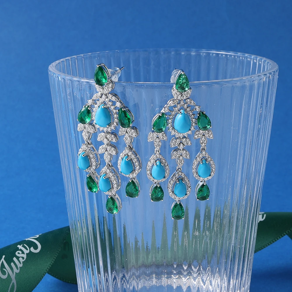 IN JEWELIFE Trendy Turquoise Zircon Long Necklace Earring Bracelet Ring Jewelry Sets for Women Party Luxury Wed Jewellery