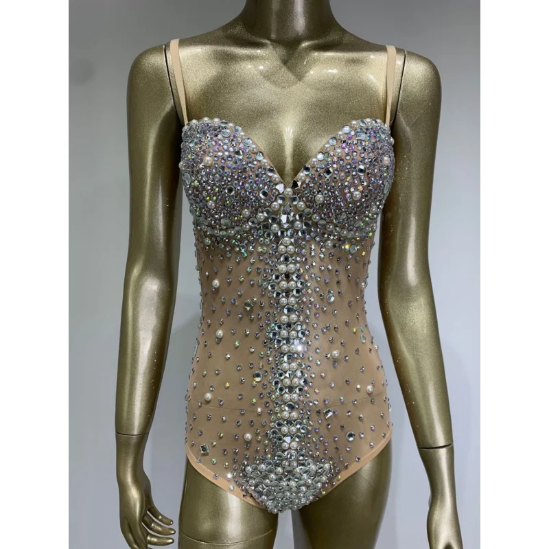 Cross-Border European and American Fashion Sexy Sling Rhinestone Beaded Jumpsuit Nightclub Bodysuits Costumes