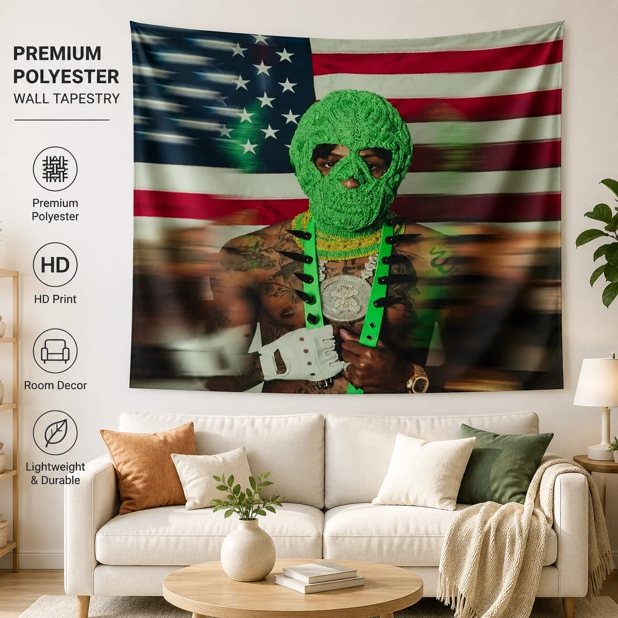 Tapiz de pared de Hip Hop con estampado plano, balaclava verde, arte urbano, estrellas, rayas, decoración de bandera para sala de estar, estudio, dormitorio, estilo estético