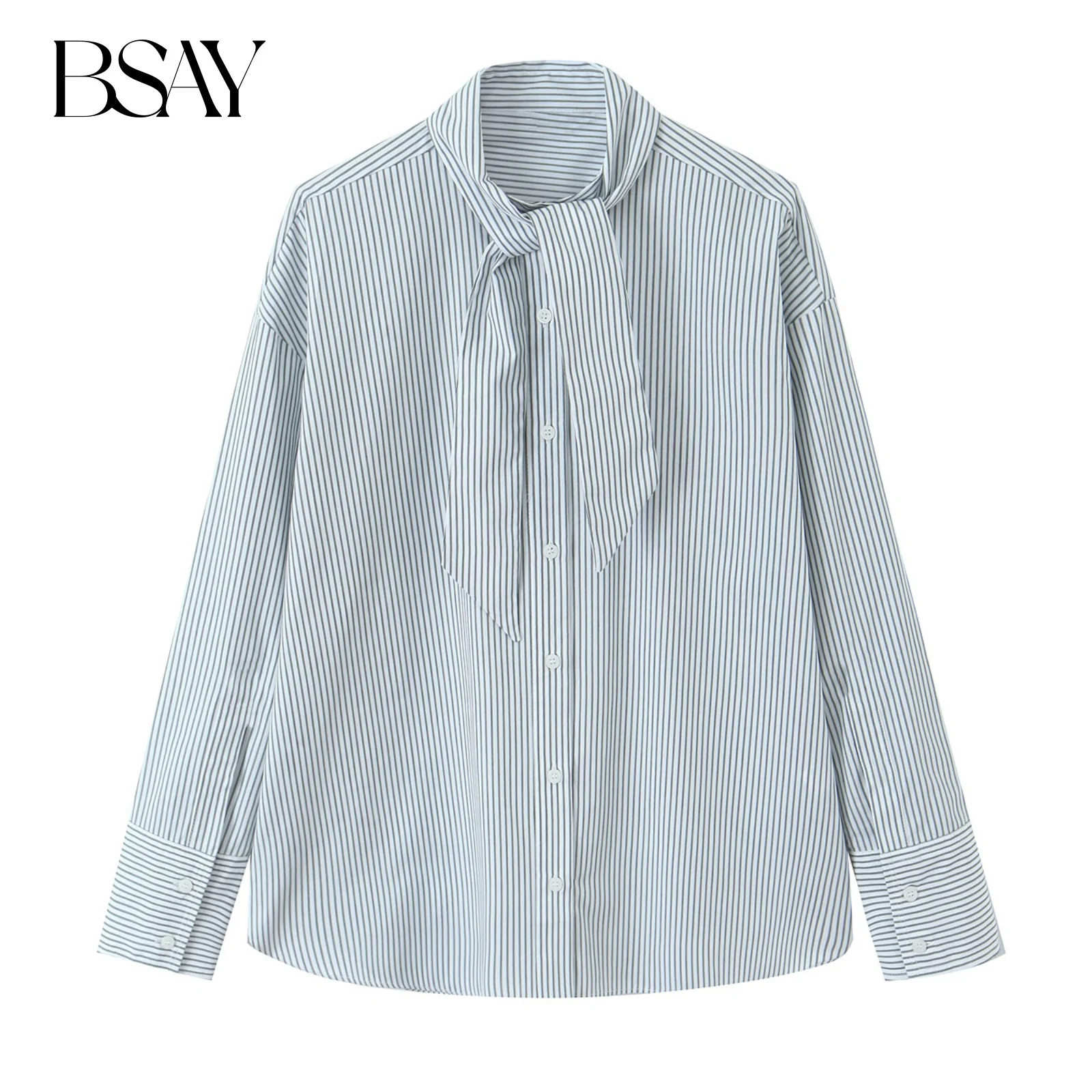

Женская рубашка-блузка BSAY в полоску из поплина, модная, весенне-осенняя, новая, с длинными рукавами, на одной пуговице, с воротником-стойкой, топ для женщин