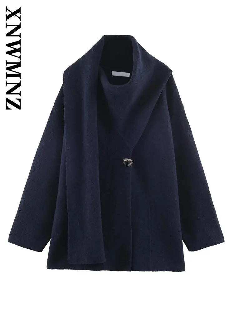 

XNWMNZ 2025 осеннее женское универсальное простое вязаное пальто с длинными рукавами, повседневное зимнее женское синее водолазка с воротником, модный свитер