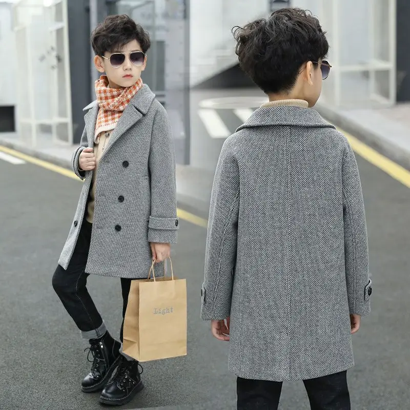 Boys Wool Coat Autumn Winter Childrens Jacket Fashion Turn Collar Plaid Keep Warm Outerwear Teenage Clothes 2023 5-14 clothes