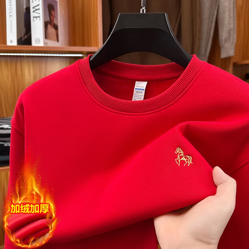 

2026 Новая зимняя толстовка с круглым вырезом для мужчин, из плотного бархата и свободного однотонного внутреннего топа