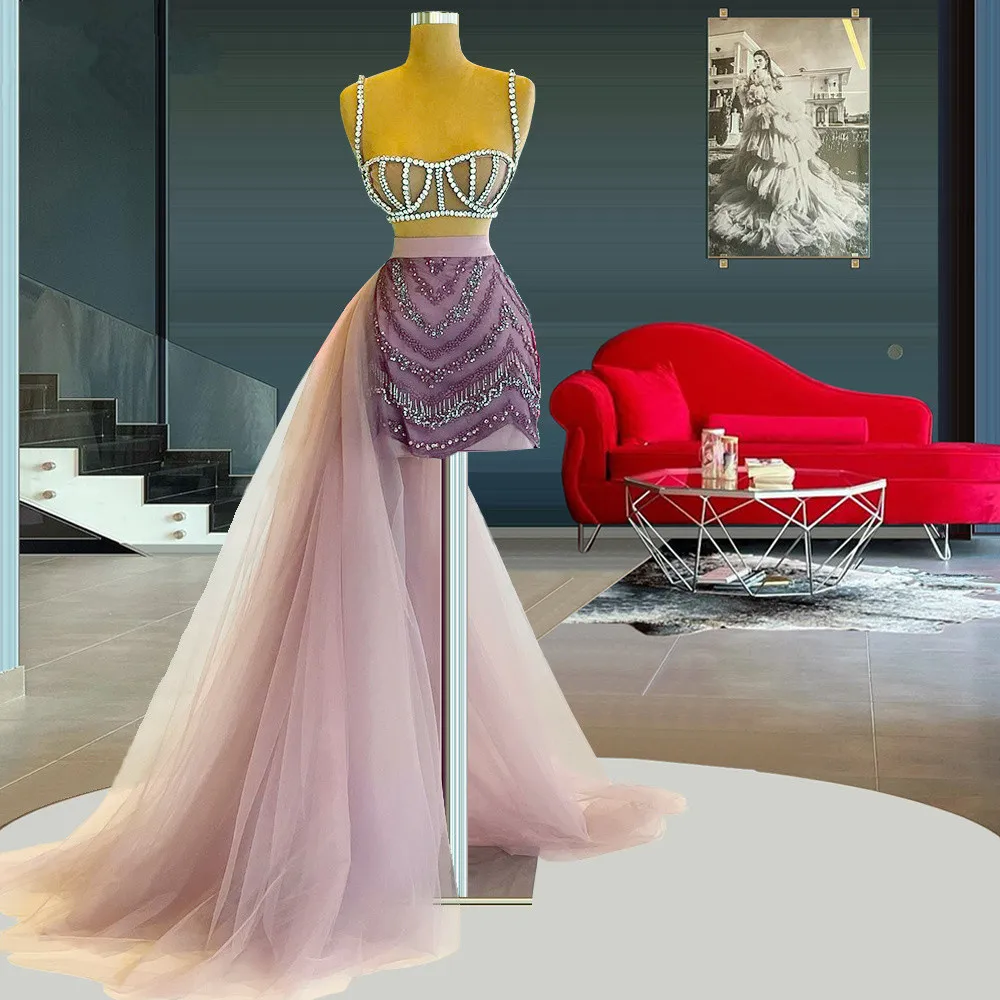 Luxe Prom Jurken Schede Lange Mouwen Kralen Champagne Dubai Saudi Arabië Prom Gown Avondjurk Robe De Soiree