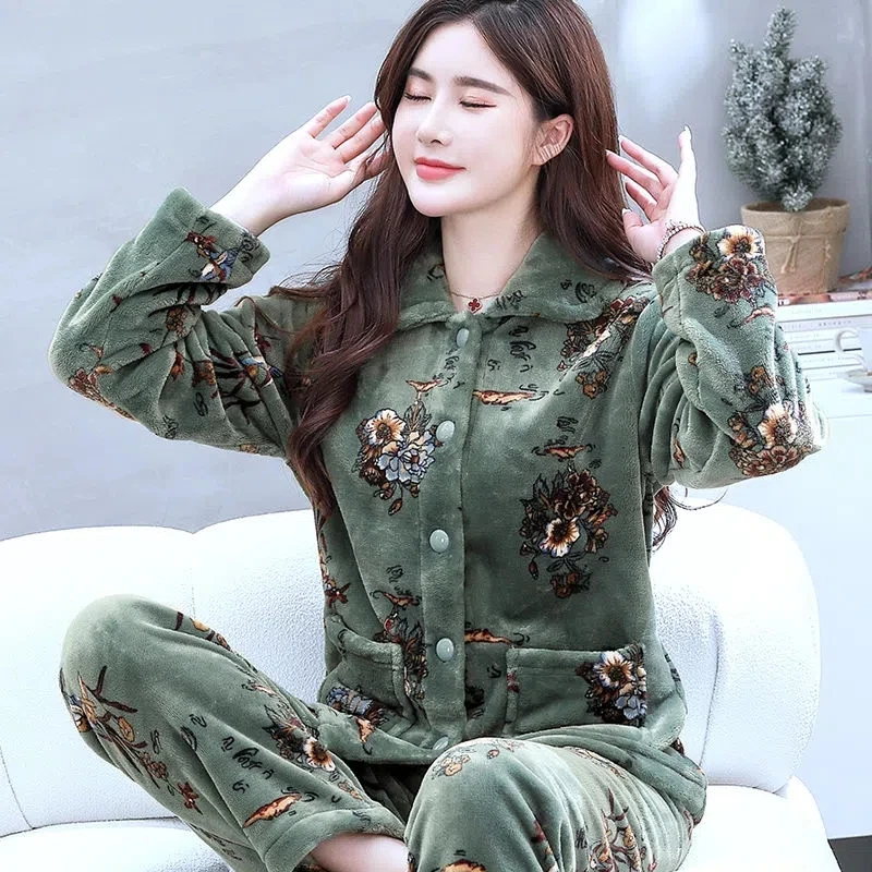 Winter Warm Flannel Women Pyjamas Sets Thick Coral Velvet Long Sleeve  Pajamas Set Leisure Sleepwear for Women Nightwear