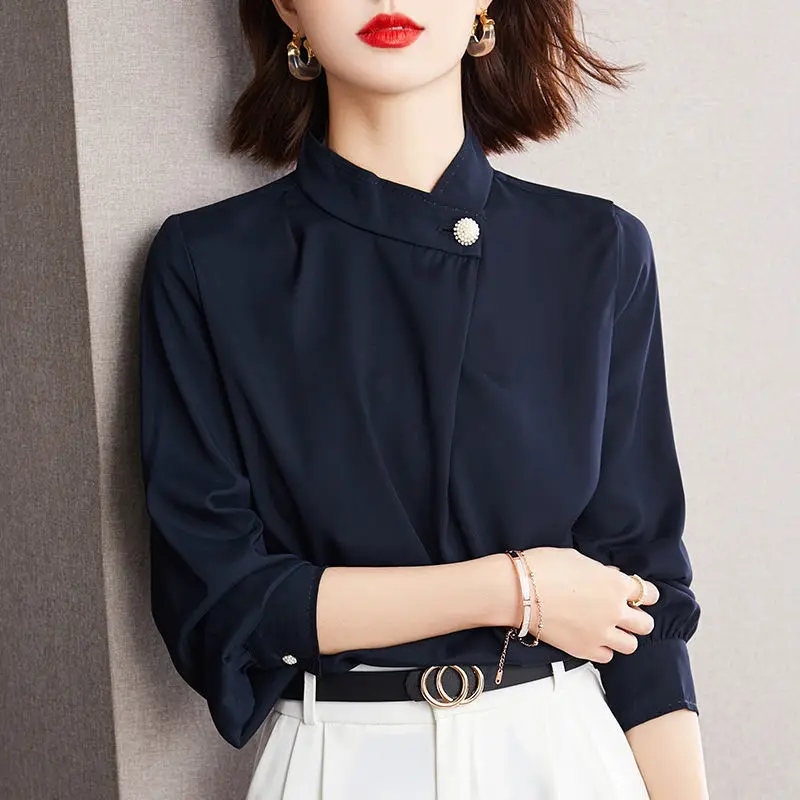 New Spring and Autumn Women's Solid Color Stand Collar Long Sleeve Loose Korean Shirt Button Folds Classic Fashion Casual Tops