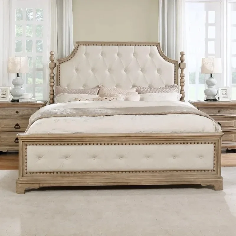 American light luxury solid wood bed French retro high-end bedroom 1.8 double bed full solid wood Roman pillar bed