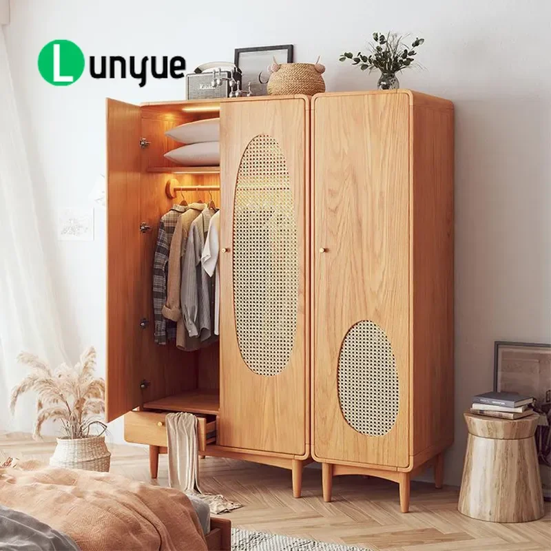Solid Wood Rattan Wardrobe Ash Wood Double Door Storage Cabinet Nordic Style Simple Bedroom Locker for Household Furniture
