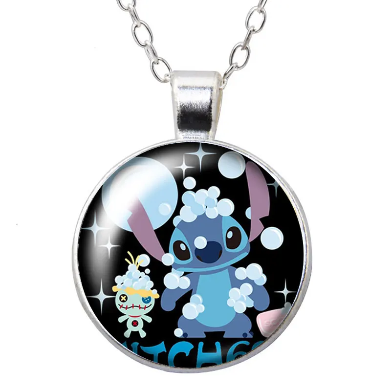 Disney Cartoon Cute Stitch Lilo Round Photo Glass cabochon collana con ciondolo placcato argento catena di gioielli regalo da 60cm