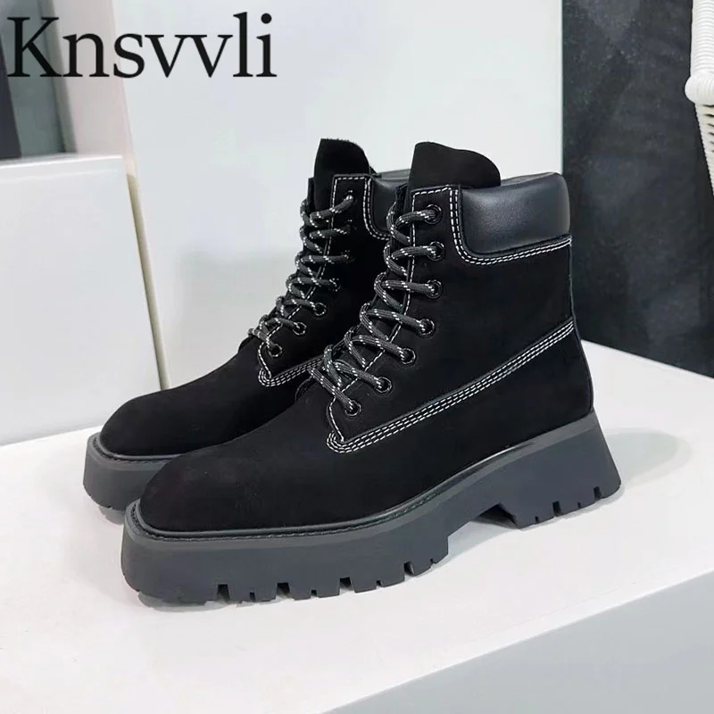 

2024 Autumn And Winter Flat Boots For Women Round Toe Lace Up Motorcycle Boots Women Suede Casual Thick Sole Ankle Boots Woman