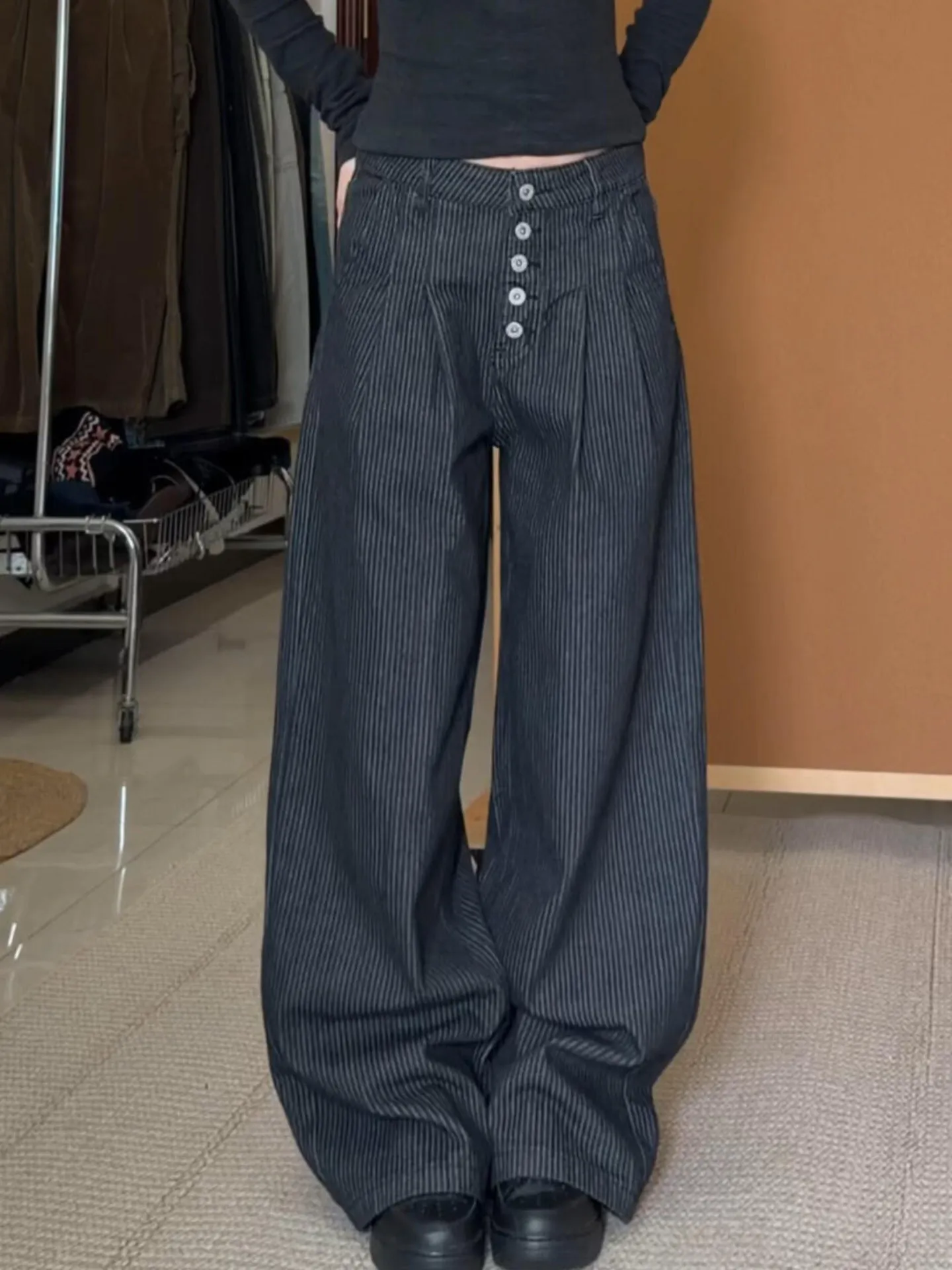 

Black A-Line Double Pleat Suit Jeans CleanFit Vertical Stripe Old Money Style Straight Casual Pants High Waist Denim Spring Y...