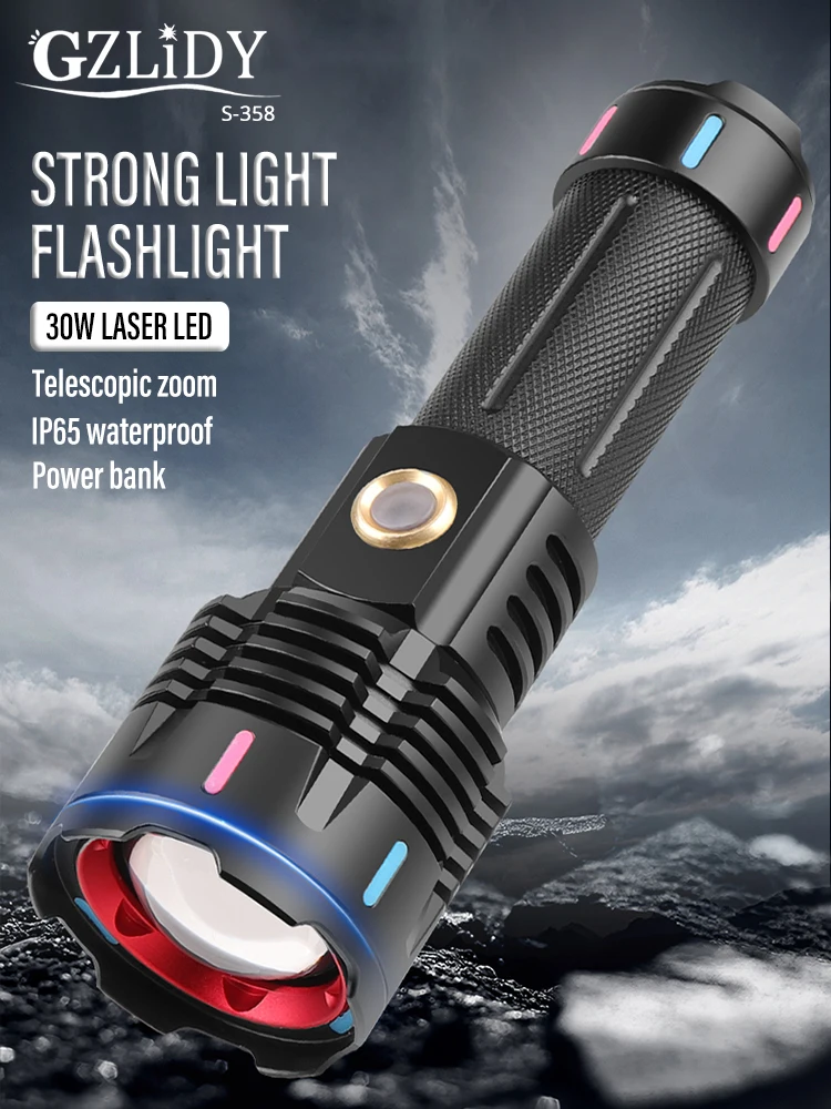 High Power LED Flashlight 2000m Long Shot Torch USB Rechargeable 18650 Spotlight Waterproof Zoomable Camping Fishing Lantern