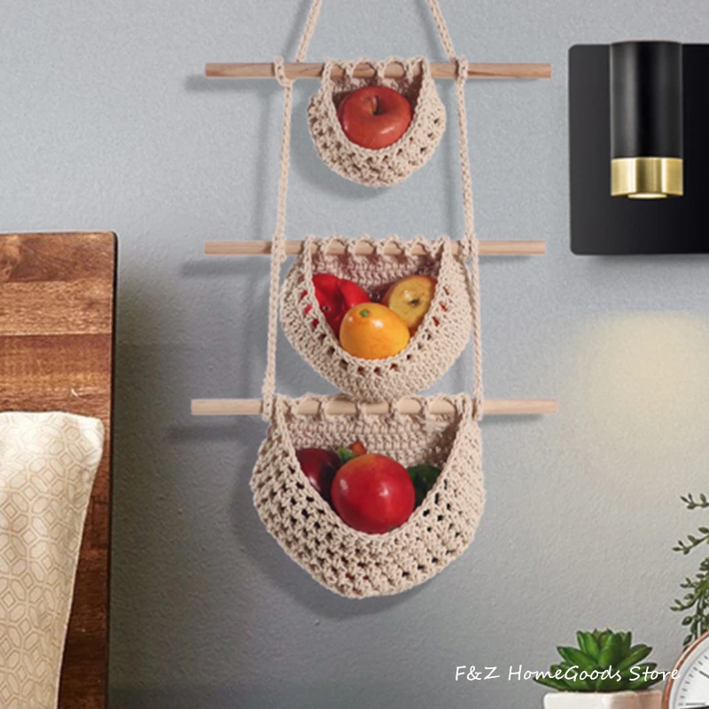 Macrame Wall Hanging Fruit Basket Hammock Produce Toy Storage Rope Plant Hanger Bohemian Boho Home Decor Flower Pots Decorative