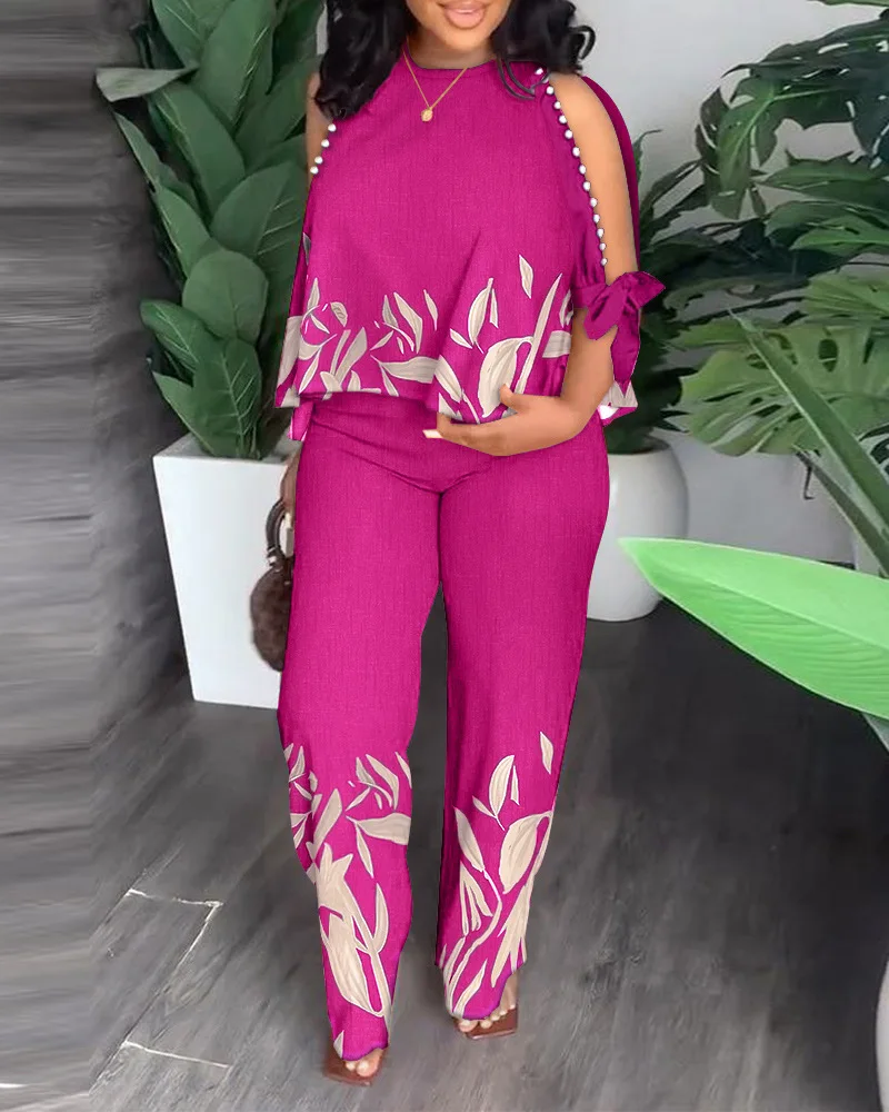 Conjunto de dos piezas con estampado de plantas para mujer, Top de manga dividida con cuello redondo y pantalones de pierna recta informales, moda de verano, 2024