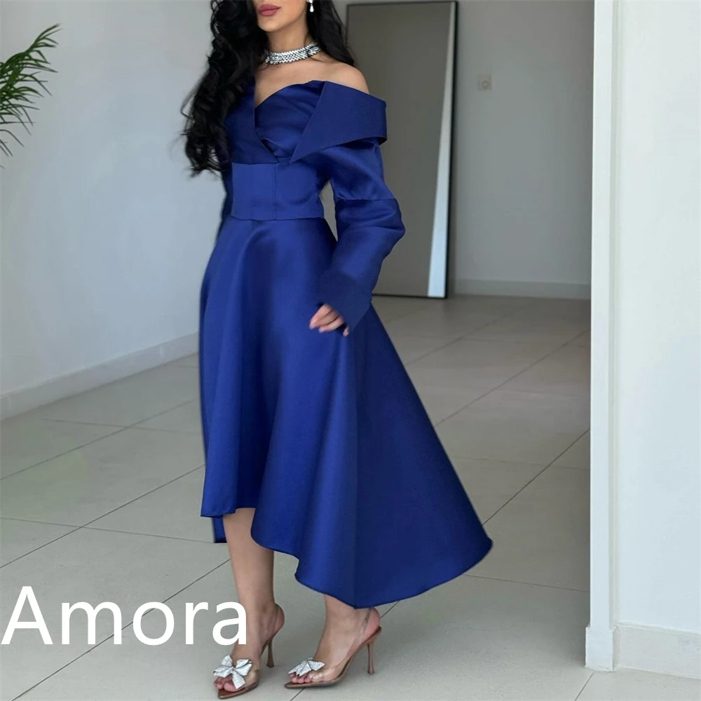 Индивидуальное темпераментное синее атласное вечернее платье Изысканное коктейльное платье без бретелек с открытыми плечами и длинными рукавами на молнии сзади