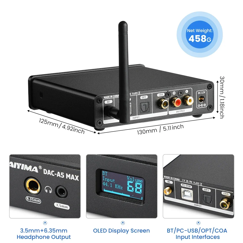 Audio DAC-A5 MAX Headphone Amplifier Bluetooth 5.1 ES9038K2M Decoder APTX LDAC Support DSD256 PCM384 With Remote Control