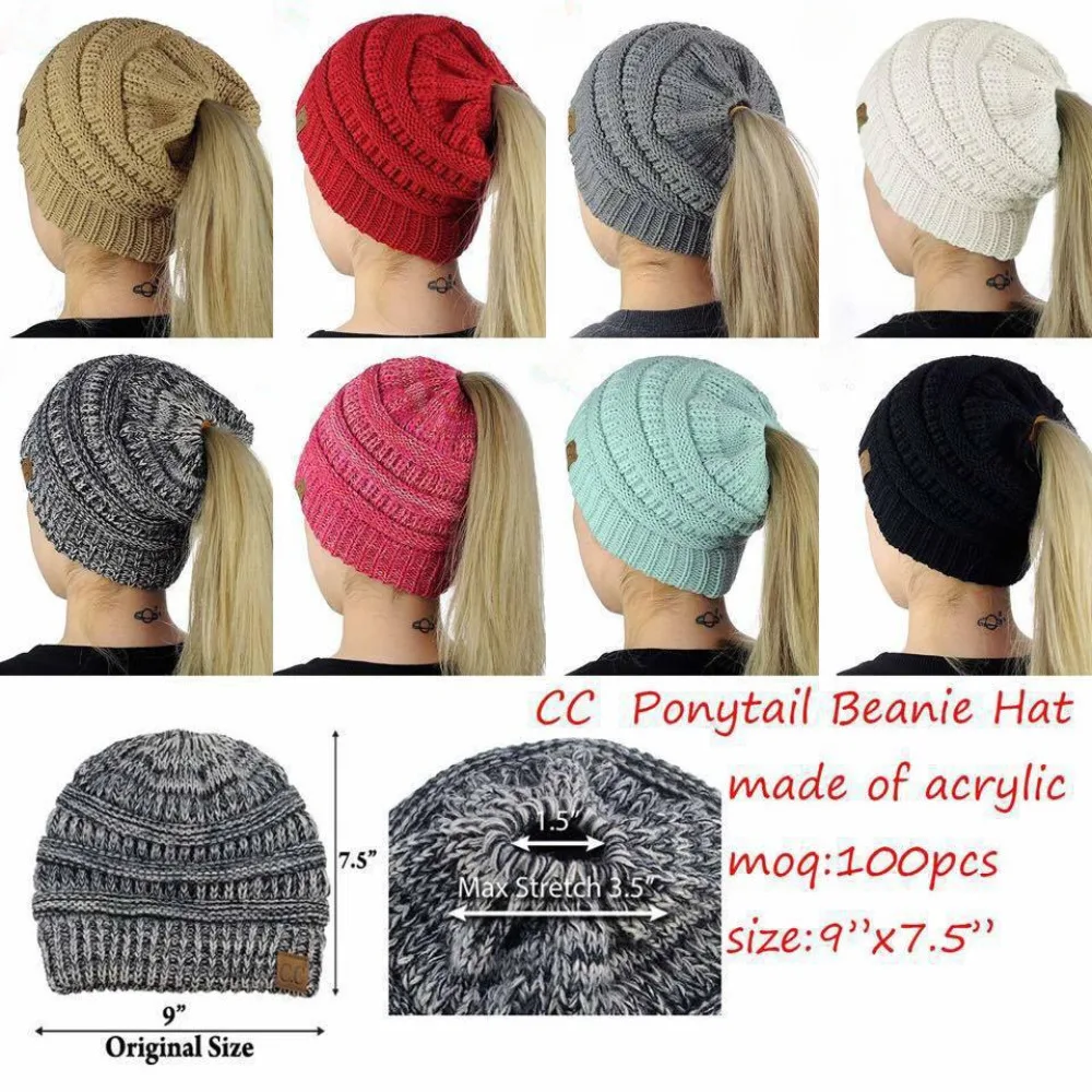 Winter Stretch Crochet Messy Bun Ponytail Beanie Hat Chunky Soft Stretch Cable Knit Warm Fuzzy Lined Beanie Hats Men and Women